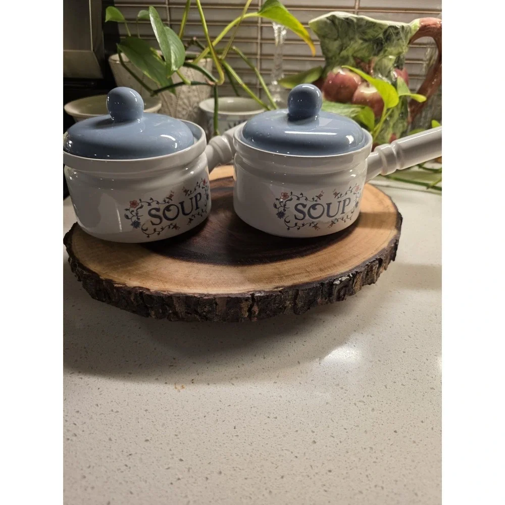 2 Heritage Stoneware Soup Bowl W/Handle Lid Crock Jay Porcelain Flowers